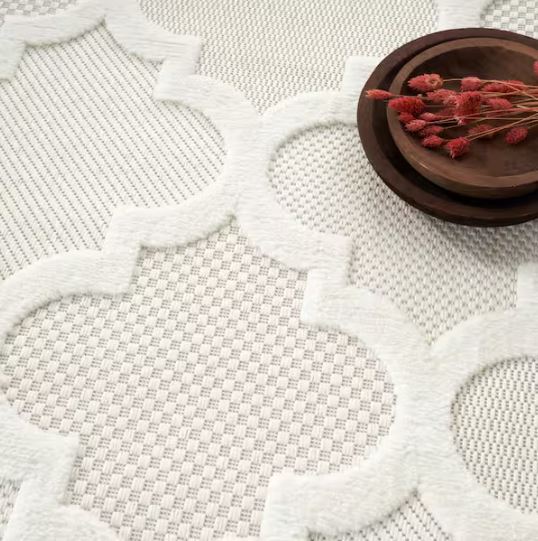 Easy Care Ivory/White 7 ft. x 10 ft. Geometric Contemporary Indoor Outdoor Area Rug