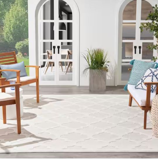 Easy Care Ivory/White 7 ft. x 10 ft. Geometric Contemporary Indoor Outdoor Area Rug