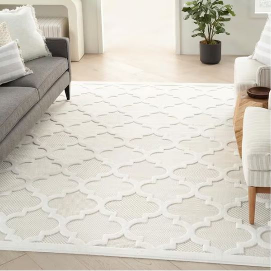 Easy Care Ivory/White 7 ft. x 10 ft. Geometric Contemporary Indoor Outdoor Area Rug