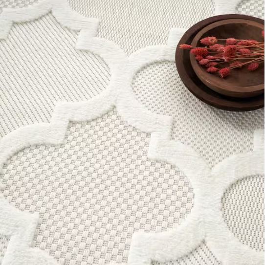 Easy Care Ivory/White 7 ft. x 10 ft. Geometric Contemporary Indoor Outdoor Area Rug