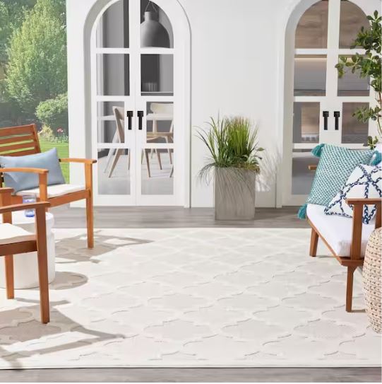 Easy Care Ivory/White 7 ft. x 10 ft. Geometric Contemporary Indoor Outdoor Area Rug