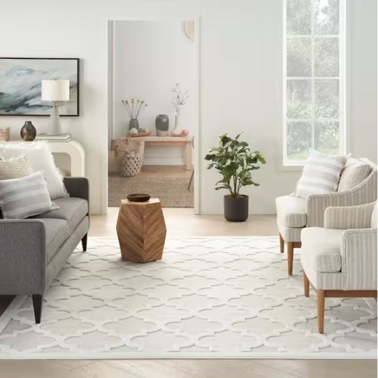 Easy Care Ivory/White 7 ft. x 10 ft. Geometric Contemporary Indoor Outdoor Area Rug