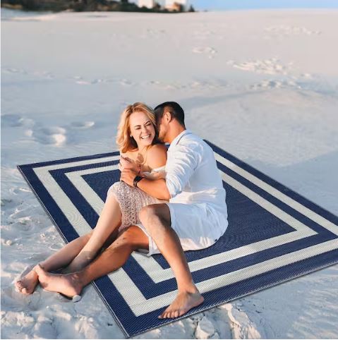 Paris Navy Creme 4 ft. x 6 ft. Modern Plastic Indoor/Outdoor Area Rug