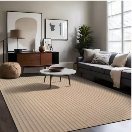 8 ft. x 10 ft. UltraPlush Touch Beige Non-Slip Rubber Back Washable Polyester Stripes Indoor Area Rug