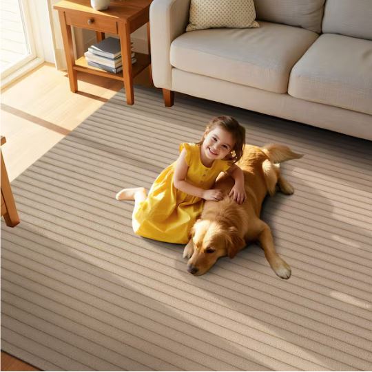 8 ft. x 10 ft. UltraPlush Touch Beige Non-Slip Rubber Back Washable Polyester Stripes Indoor Area Rug
