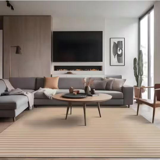 8 ft. x 10 ft. UltraPlush Touch Beige Non-Slip Rubber Back Washable Polyester Stripes Indoor Area Rug