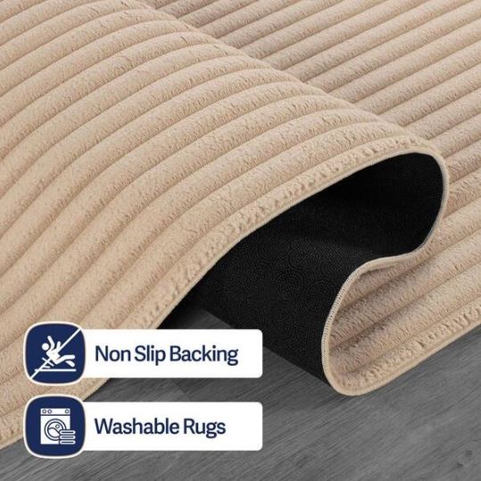 8 ft. x 10 ft. UltraPlush Touch Beige Non-Slip Rubber Back Washable Polyester Stripes Indoor Area Rug