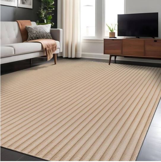 8 ft. x 10 ft. UltraPlush Touch Beige Non-Slip Rubber Back Washable Polyester Stripes Indoor Area Rug