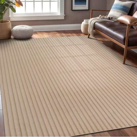 8 ft. x 10 ft. UltraPlush Touch Beige Non-Slip Rubber Back Washable Polyester Stripes Indoor Area Rug
