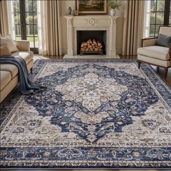 8' x 10' Soft Vintage Floral Non-Slip Washable Area Rug For Living Room, Bedroom Navy