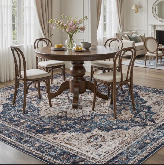 8' x 10' Soft Vintage Floral Non-Slip Washable Area Rug For Living Room, Bedroom Navy