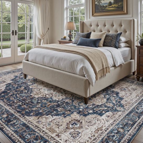 8' x 10' Soft Vintage Floral Non-Slip Washable Area Rug For Living Room, Bedroom Navy