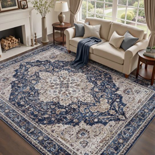 8' x 10' Soft Vintage Floral Non-Slip Washable Area Rug For Living Room, Bedroom Navy