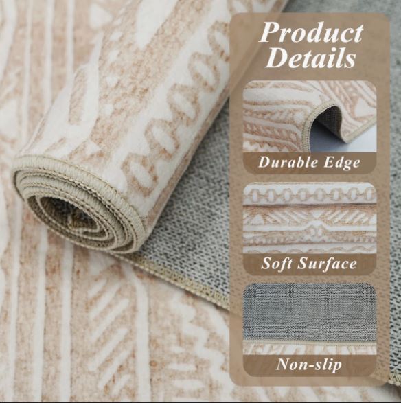 Size 3' x 16' Rug Runners Washable - Moroccan Hallway Runner Rug Non Slip Kitchen Runner Low Pile Soft Indoor Floor Mat Front Door for Bedroom Entryway Laundry Beige