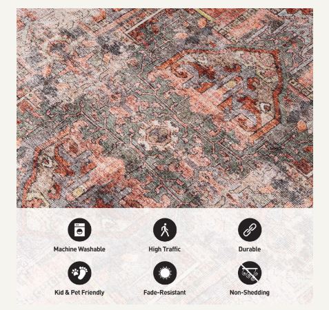 10' x 14' Vintage Inspired Distressed Machine Washable Area Rug