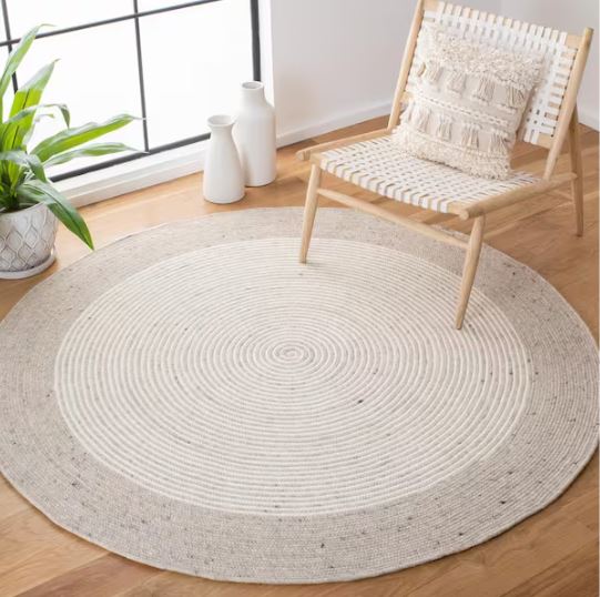 8 ft. x 8 ft. Round Braided Beige Black Striped  Area Rug