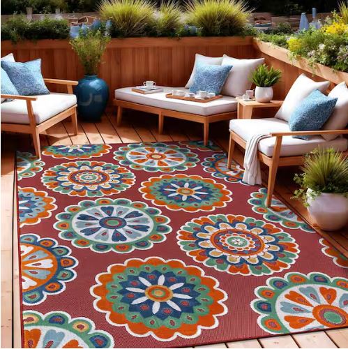 8 ft. x 10 ft. Mandala Red Washable Bohemian Medallion Indoor Outdoor Area Rug