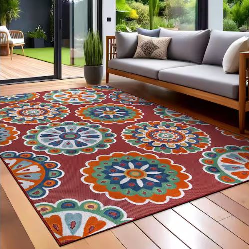 8 ft. x 10 ft. Mandala Red Washable Bohemian Medallion Indoor Outdoor Area Rug
