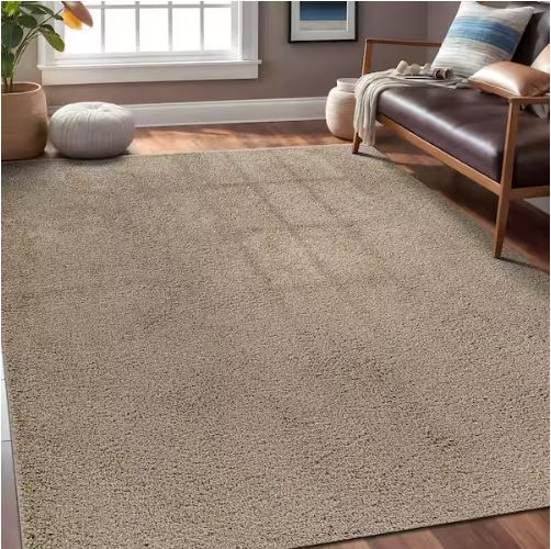 6 ft. x 9 ft. Beige Silky Solid Plus Thick Pile Non Slip Easy Clean Non Shedding Modern Indoor Area Rug