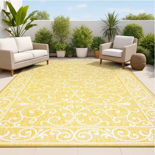 8 ft. x 10 ft. Charleston Vintage Filigree Textured Weave Yellow/Cream Indoor/Outdoor Area Rug