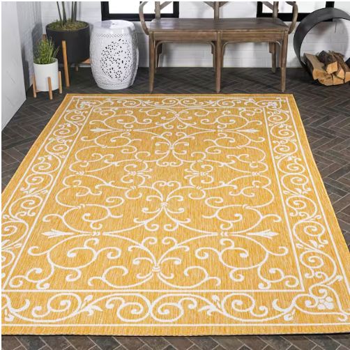 8 ft. x 10 ft. Charleston Vintage Filigree Textured Weave Yellow/Cream Indoor/Outdoor Area Rug