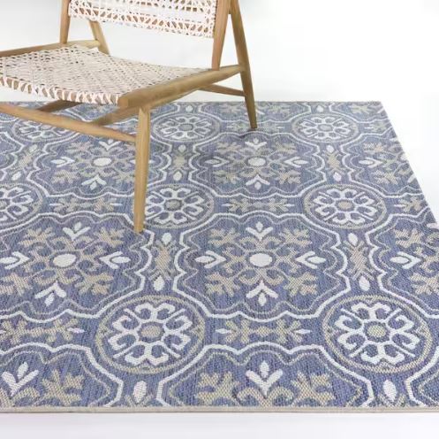 Blue 8 ft. x 10 ft. Neutral Tiles Indoor/Outdoor Area Rug