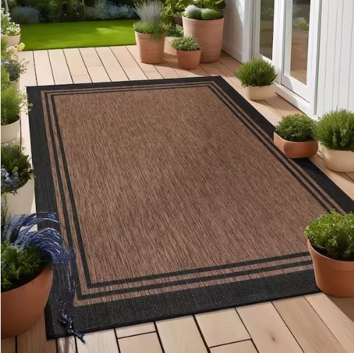 8 X 10 Gold Black Aloha Washable Bordered Indoor Outdoor Area Rug
