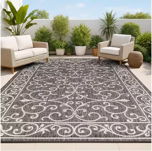 7 ft. 9 in. x 10 ft. Charleston Vintage Filigree Black/Gray Textured Weave Indoor/Outdoor Area Rug