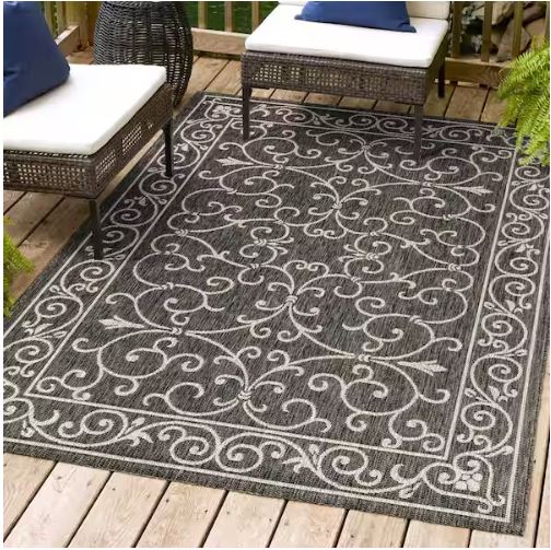 7 ft. 9 in. x 10 ft. Charleston Vintage Filigree Black/Gray Textured Weave Indoor/Outdoor Area Rug