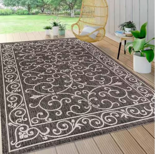 7 ft. 9 in. x 10 ft. Charleston Vintage Filigree Black/Gray Textured Weave Indoor/Outdoor Area Rug