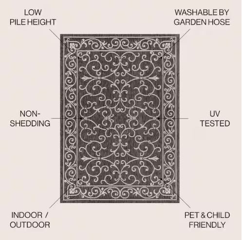 7 ft. 9 in. x 10 ft. Charleston Vintage Filigree Black/Gray Textured Weave Indoor/Outdoor Area Rug