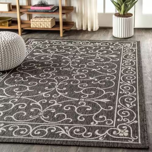 7 ft. 9 in. x 10 ft. Charleston Vintage Filigree Black/Gray Textured Weave Indoor/Outdoor Area Rug