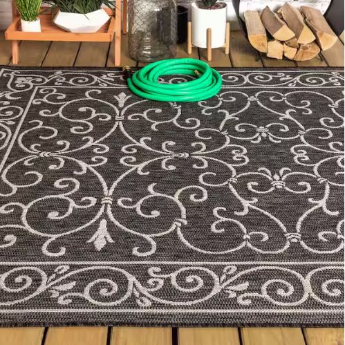 7 ft. 9 in. x 10 ft. Charleston Vintage Filigree Black/Gray Textured Weave Indoor/Outdoor Area Rug