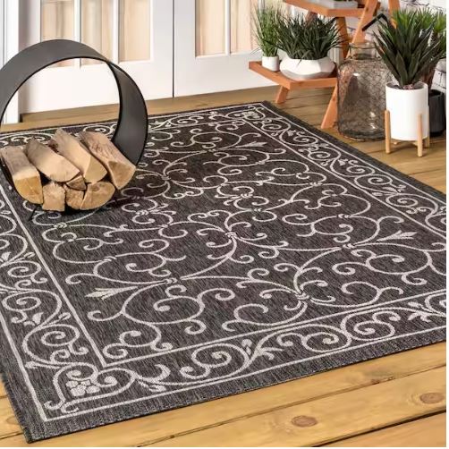 7 ft. 9 in. x 10 ft. Charleston Vintage Filigree Black/Gray Textured Weave Indoor/Outdoor Area Rug
