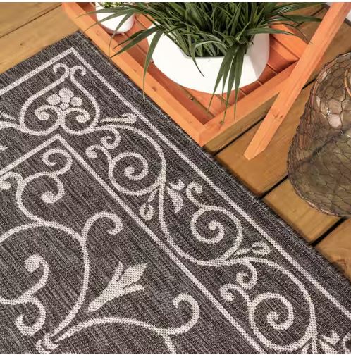 7 ft. 9 in. x 10 ft. Charleston Vintage Filigree Black/Gray Textured Weave Indoor/Outdoor Area Rug
