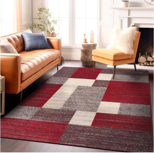 7 ft. 10 in. x 10 ft.  Geometric Boxes Design Non-Slip (Non-Skid) Red Indoor Area Rug