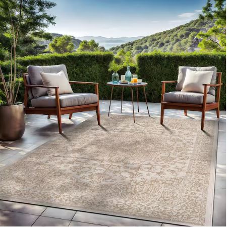 6 ft. x 9 ft.Athena Beige Oriental Border Indoor Outdoor Patio Area Rug