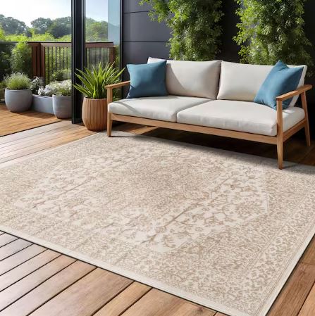 6 ft. x 9 ft.Athena Beige Oriental Border Indoor Outdoor Patio Area Rug