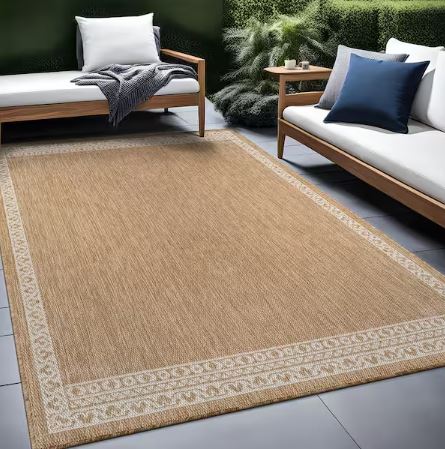 8 ft. x 10 ft. Frame Natural Geometric Bordered Washable Indoor Outdoor Area Rug