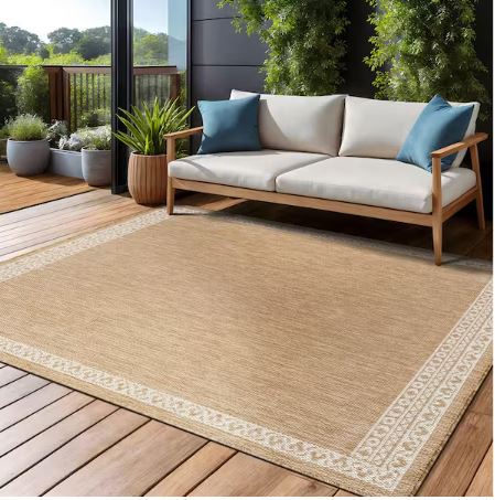 8 ft. x 10 ft. Frame Natural Geometric Bordered Washable Indoor Outdoor Area Rug