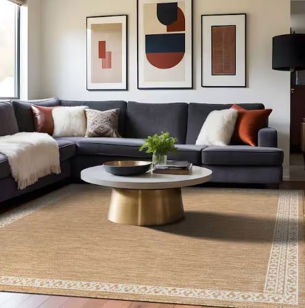 8 ft. x 10 ft. Frame Natural Geometric Bordered Washable Indoor Outdoor Area Rug