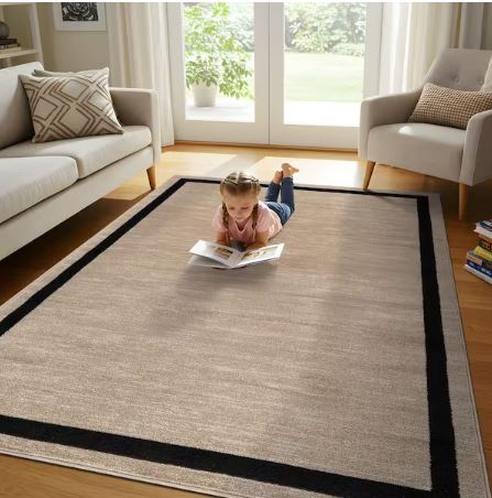 8 ft. x 10 ft. Aura Beige Washable Modern Bordered Indoor Area Rug