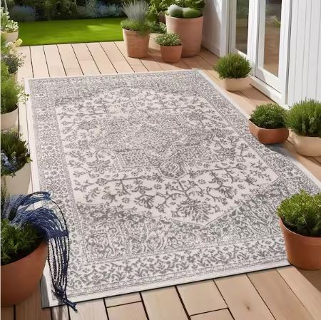 6 ft. x 9 ft. Athena Gray Rubber Back Washable Oriental Border Indoor Outdoor Patio Area Rug