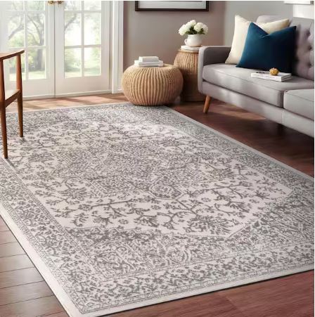 6 ft. x 9 ft. Athena Gray Rubber Back Washable Oriental Border Indoor Outdoor Patio Area Rug