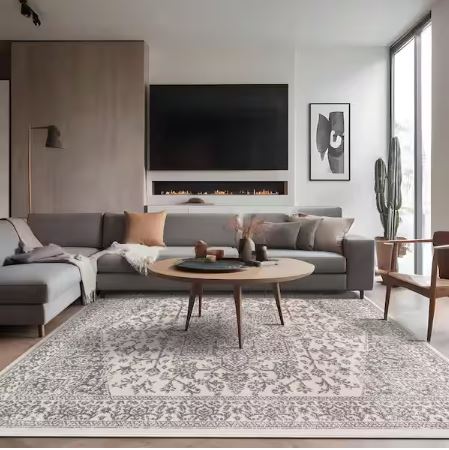 6 ft. x 9 ft. Athena Gray Rubber Back Washable Oriental Border Indoor Outdoor Patio Area Rug