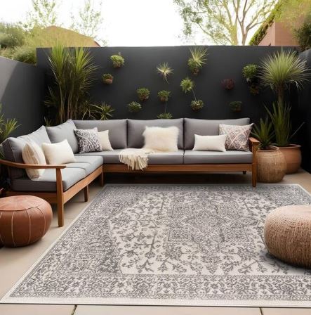 6 ft. x 9 ft. Athena Gray Rubber Back Washable Oriental Border Indoor Outdoor Patio Area Rug