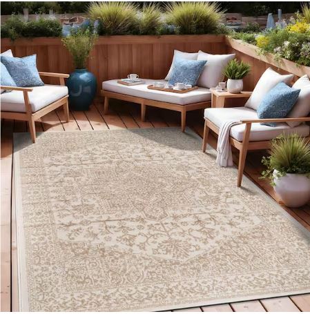 6 ft. x 9 ft. Athena Beige Washable Oriental Border Indoor Coor Patio Area Rug