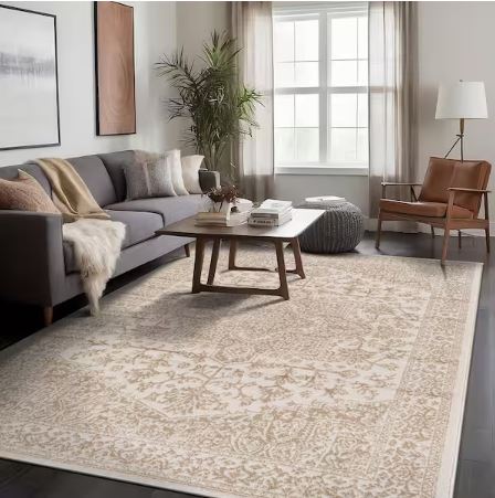 6 ft. x 9 ft. Athena Beige Washable Oriental Border Indoor Coor Patio Area Rug