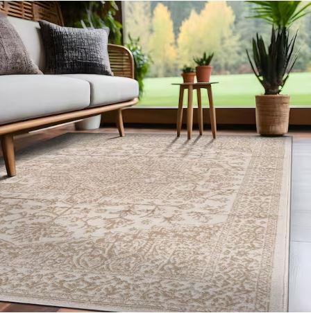6 ft. x 9 ft. Athena Beige Washable Oriental Border Indoor Coor Patio Area Rug