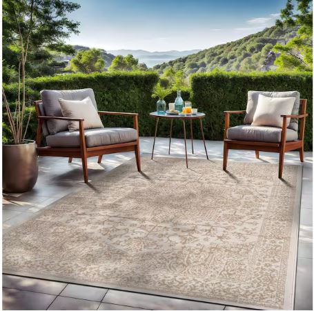 6 ft. x 9 ft. Athena Beige Washable Oriental Border Indoor Coor Patio Area Rug